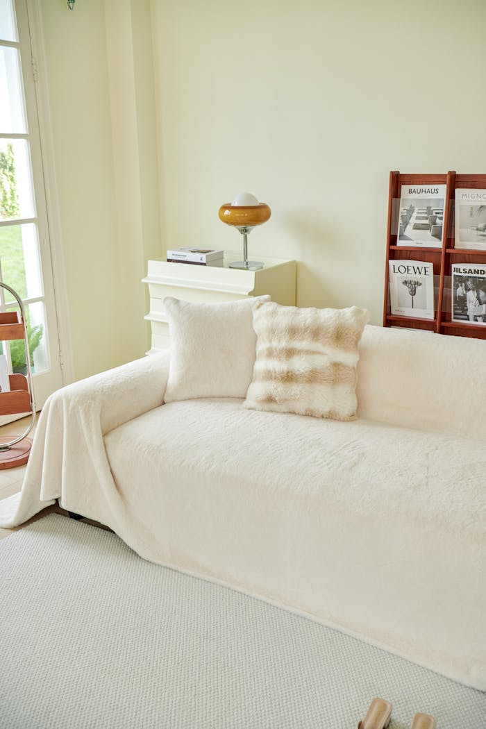 Minimalist living room featuring a cream sofa, accent pillow, and modern decor.